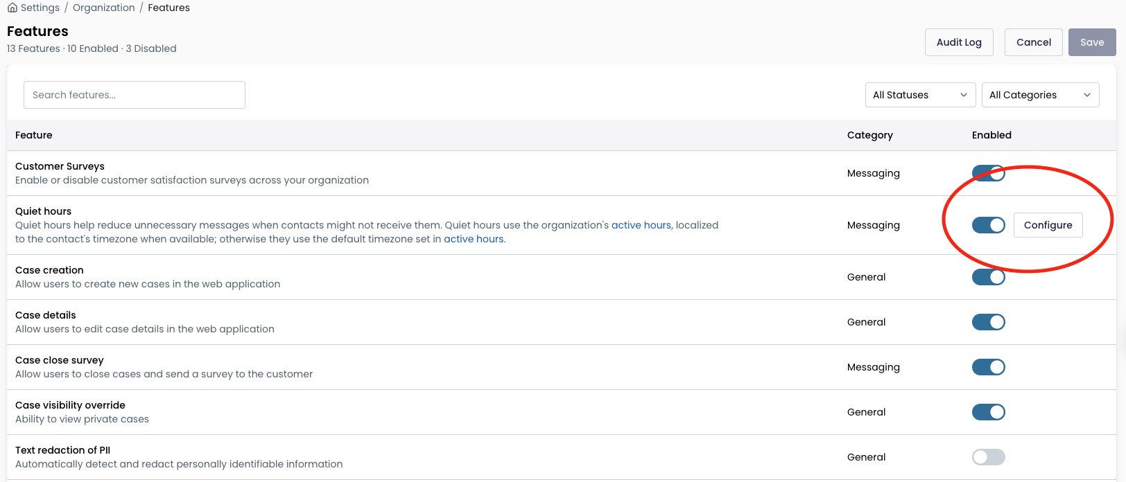 Quiet Hours enabled on the Organization Features page with the Configure button highlighted